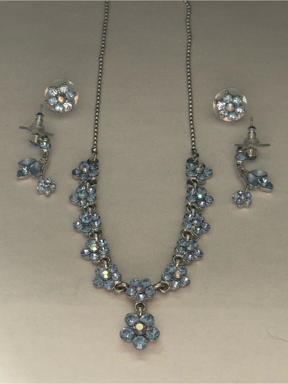 Blue Crystal Flower Necklace and Earring Set - great for graduation
